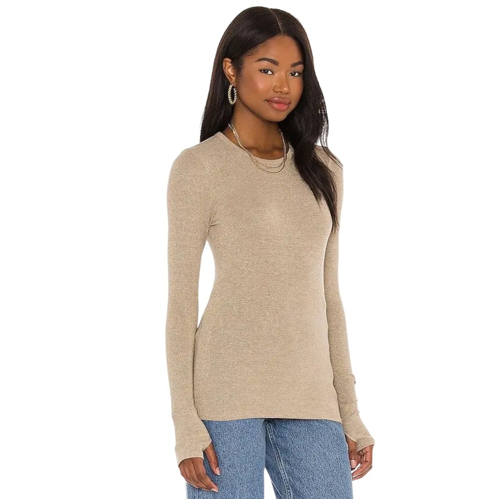 Enza Costa Metallic Lurex Long Sleeve Top Women Large Gold Ribbed Thumbhole